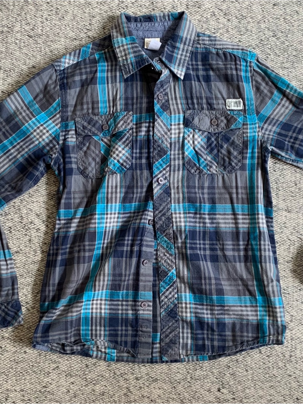 Canyon River Blues Boys's Plaid Button-Up Shirt in Teal and Gray
